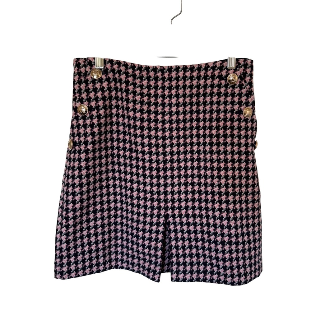 Ann Taylor Houndstooth Pink Navy Button‎ Detail Mini Skirt Size 4